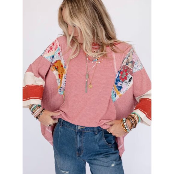 Three Bird Nest Oversied Boho Patchwork Top, Size Small - Picture 2 of 15